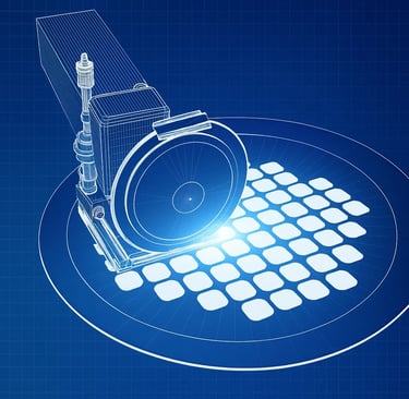 A technical blueprint-style illustration of a wafer dicing saw cutting individual semiconductor dies