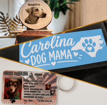 Custom pet memorial wood slice, Carolina Dog Mama decal, and North Carolina dog ID tag for pets.