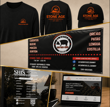Business branding showcase featuring custom work shirts, storefront window vinyl, printed banner, and website design. Spanish