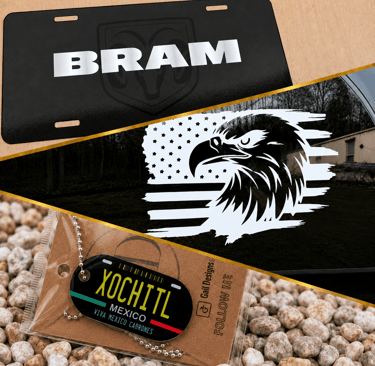 Custom license plate, American flag eagle car decal, and personalized necklace, pendant, earrings. .
