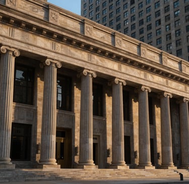 A distinguished architectural shot of a classical foundation building in a North American / US metropolitan area, featuring stone columns and large windows, captured during a golden hour with warm, authoritative lighting and deep blue accents.