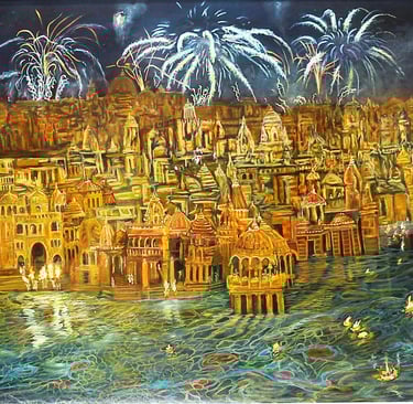 Moksha Deepawali at the ghats oil on canvas by Anuragk Gupta