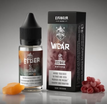 A bottle of e-liquid and a box of Efibeir vape juice with raspberry and peach candy flavors.