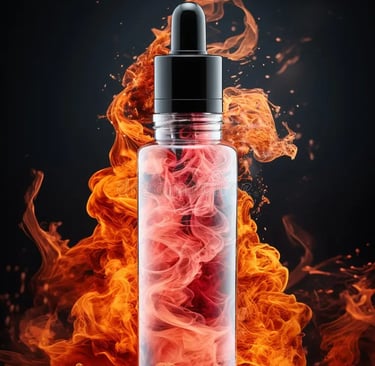 A glass vape juice bottle with a dropper cap surrounded by cinematic orange fire and red smoke effects.