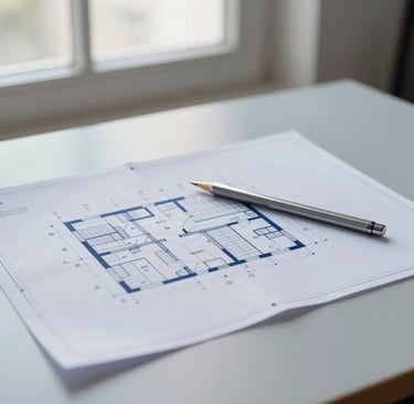 A professional high-angle macro photograph of a technical architectural blueprint on a clean light gray desk. A minimalist silver mechanical pencil lies beside the drawing. Soft, natural daylight from a Northern European studio window illuminates the scene. The palette includes deep navy and light blue tones.