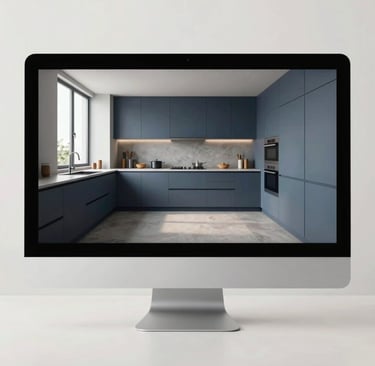 A high-resolution photograph of a sleek computer monitor displaying a sophisticated 3D interior visualization of a modern, minimalist kitchen. The scene is set in a bright Baltic design studio with soft focus on a clean off-white background. The atmosphere is professional and precise, with muted blue and gray color accents.