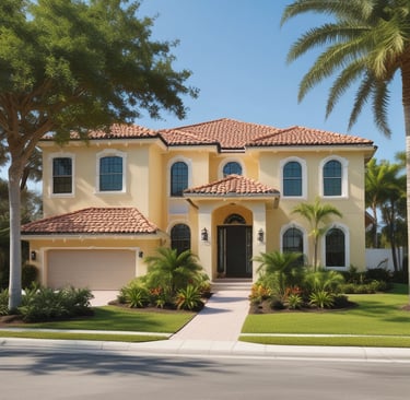 A home inspector carefully examining the foundation of a Florida house on a sunny day.