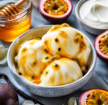 Scoops of vanilla bean ice cream topped with fresh passion fruit pulp and a honey drizzle.