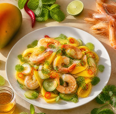 Thai shrimp and mango salad with cucumber, chili, and fresh mint on a white plate. with honey