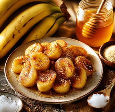 Caramelized fried banana slices topped with honey and sesame seeds served on a plate.