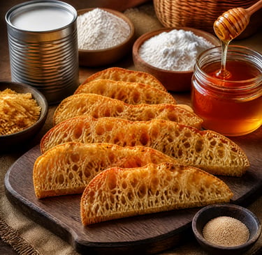 honeycomb cake on a wooden board with honey, flour, and baking ingredients.