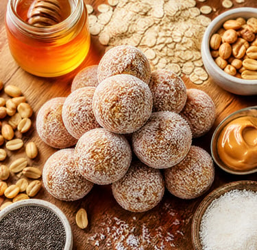 Healthy peanut butter energy balls with coconut, honey, and chia seeds on a wooden board.