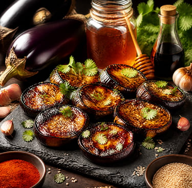 honey-glazed roasted eggplant rounds topped with sesame seeds and cilantro on a slate platter.