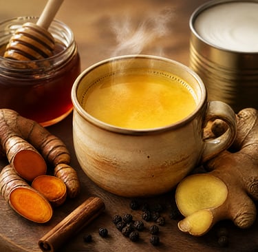A steaming mug of golden turmeric milk latte with fresh turmeric root, ginger, honey, and cinnamon.