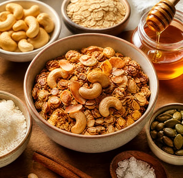 Homemade crunchy granola with cashews, oats, and honey in a ceramic bowl for a healthy breakfast.