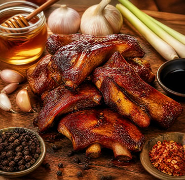 A platter of honey glazed BBQ pork ribs with garlic, lemongrass, honey, and black peppercorns.
