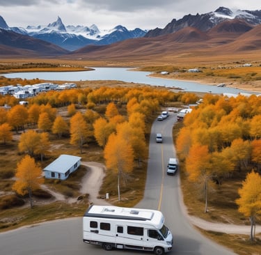 A cozy motorhome interior showing kitchen, microwave, and TV with mountain views outside