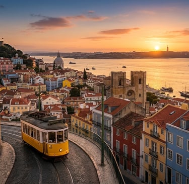 Lisboa com bondinho e casas coloridas ao entardecer em Portugal