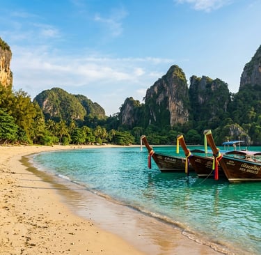 Praia na Tailândia com água azul e barcos tradicionais ao amanhecer
