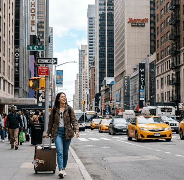 Rua movimentada em Manhattan com hotéis, táxis amarelos e viajantes caminhando com malas.