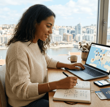 Planejamento de hospedagem internacional com notebook e passaporte. Escolha o hotel ideal.
