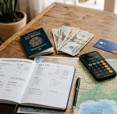 Planejamento de custos para viagem aos EUA com passaporte, dólares e mapa.