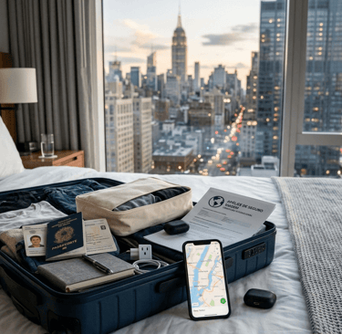 Mala aberta com passaporte e vista para Nova York