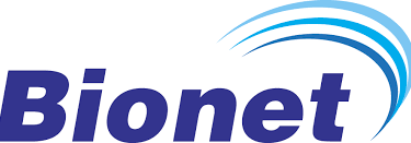 Bionet medical equipment company logo with blue text and a stylized wave design.