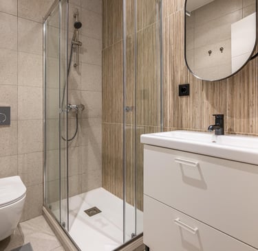 Small corner shower enclosure and vanity,custom shower replacement in a compact Auckland bathroom