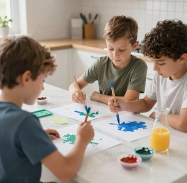 Kids at kitchen counter painting on top of natural stone surface protected by protective film.