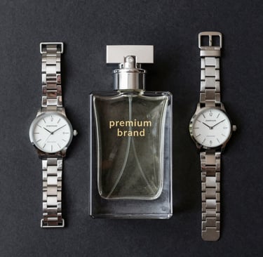 Flat lay of Atelier Lumina accessories and clothing pieces arranged artfully on a neutral background.