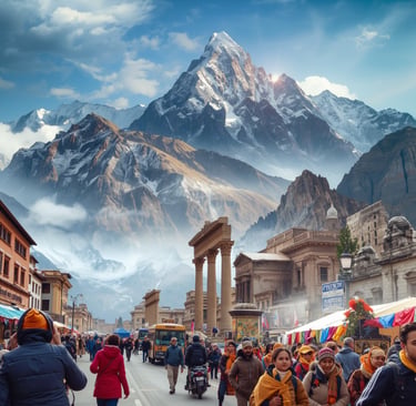 A busy city street with crowds of people and historic architecture set against a massive snowy mountain peak.