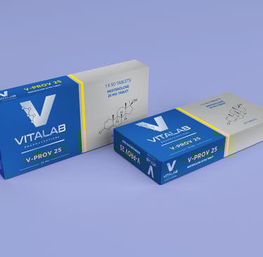 Vitalab Pharmaceutical V-PROV 25 Mesterolone 25mg tablets in blue and silver medicine boxes.