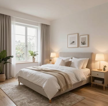 A luxurious bedroom setup with a grand canopy bed draped in rich fabrics and soft lighting.