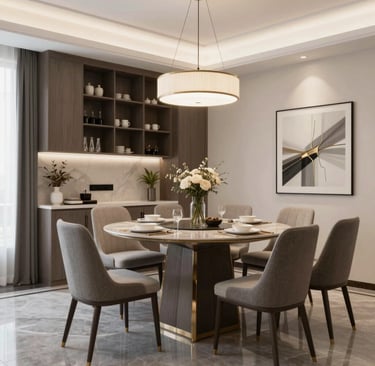 An elegant dining area featuring a polished wooden table with intricate carvings and matching chairs.