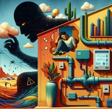 a man sitting on a building with a giant monster fish in the background