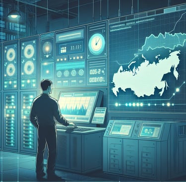 a man in a room with a laptop and a map Kazakhstan