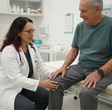 doctor looking at patient's knee for stem cell therapy