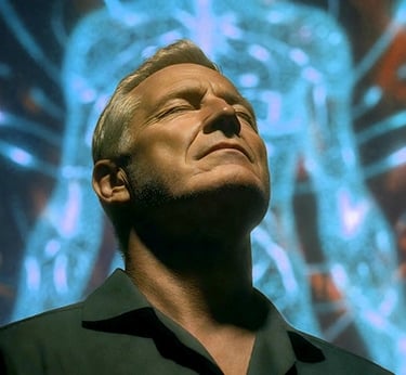 A man with closed eyes meditates in front of a glowing digital human anatomy projection.