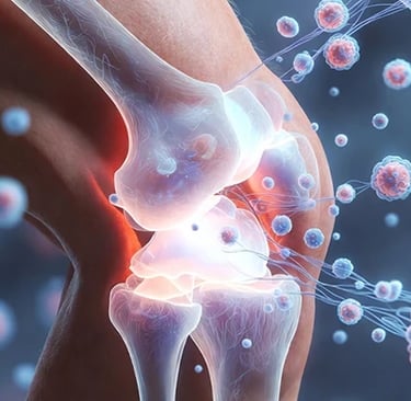 Anatomical illustration of knee joint inflammation and arthritis pain with immune system cells.