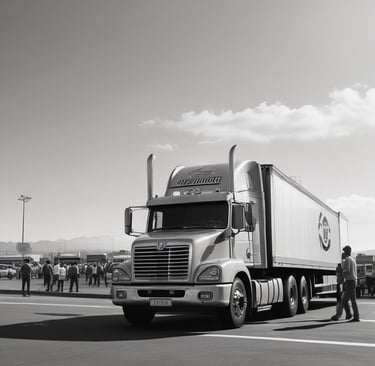A convoy of trucks driving through a scenic Southern African landscape at dawn.