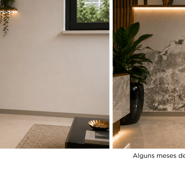 Imagem de parede interna de casa, antes e depois, com umidade ascendente.