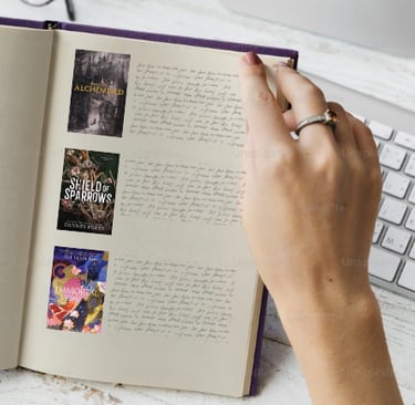 Open reading journal featuring mini book cover stickers printed with MyFastSnaps photo label printer.