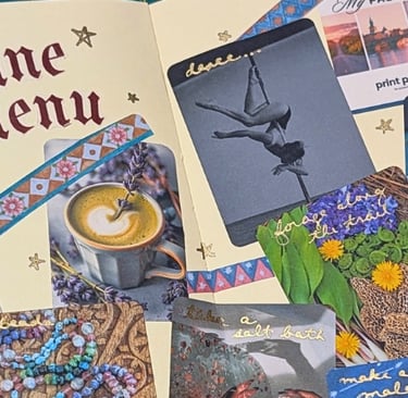 A journal showing creative dopamine menu ideas with photo sticker labels and hand-drawn stars on a green cutting mat..