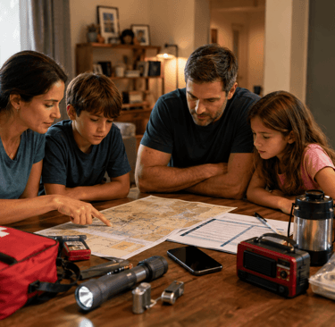 A family planning for emergencies with a survival kit, map, and first aid supplies on a table.