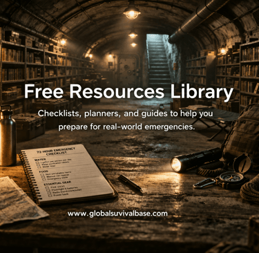 Underground survival bunker library with emergency prep checklists and survival gear for disaster planning.