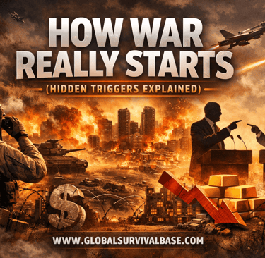 Infographic about how war starts featuring soldiers, politicians debating, and global economic symbols.