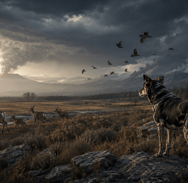 A wild dog and deer watch a volcano erupting with ash clouds and smoke over a mountain landscape.