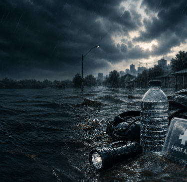 Emergency survival kit with first aid, water, and flashlight during a severe flood disaster.