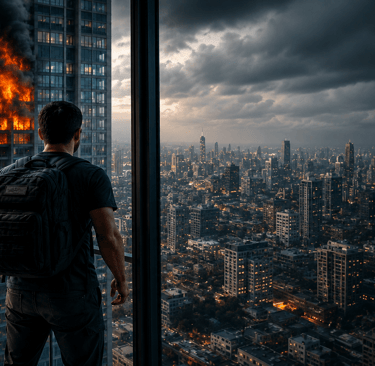 A man with a backpack watches a skyscraper fire and dark clouds over a city skyline at dusk.